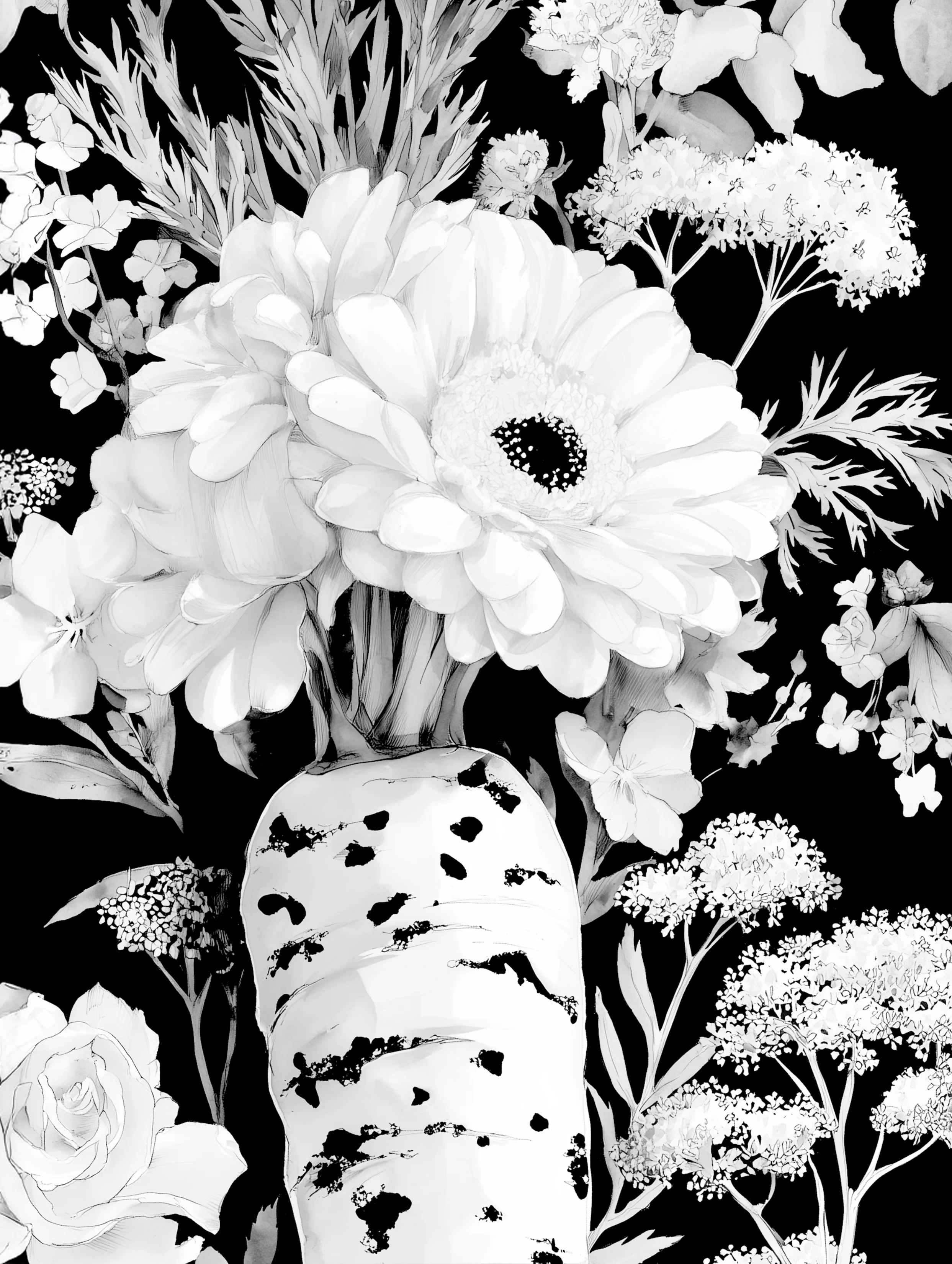 Free printable carrot coloring page for adults featuring a carrot with a flower bouquet top